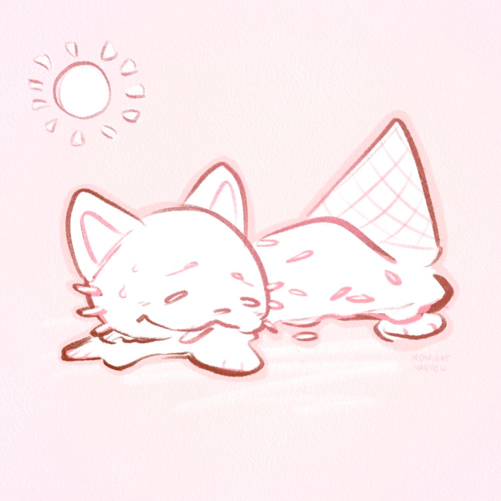 Doodle of a melting ice cream cat with a cone for a tail. The sketch is in monochrome pink