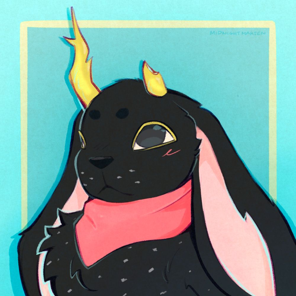 Digital art bust of a black jackalope character with one broken antler, a red bandana on their neck, and pink inner ears.