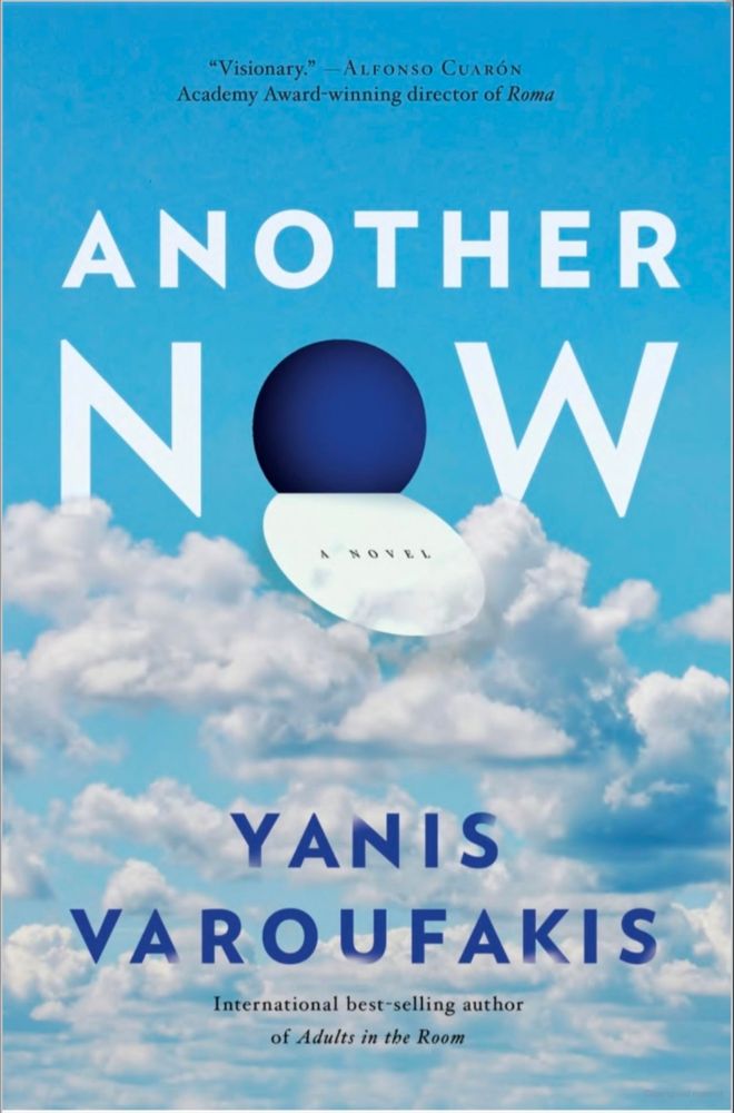 Screenshot for the book another now by giannis varafakis. Font on a blue sky background with clouds shown.