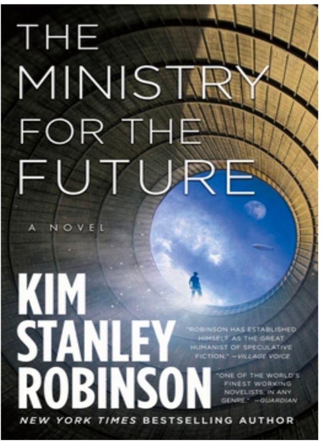 Screenshot of the cover for the ministry for the future by Kim Stanley Robinson. Shows a view of the sky as seen through a tube with the moon off in the distance and the silhouette of a person.