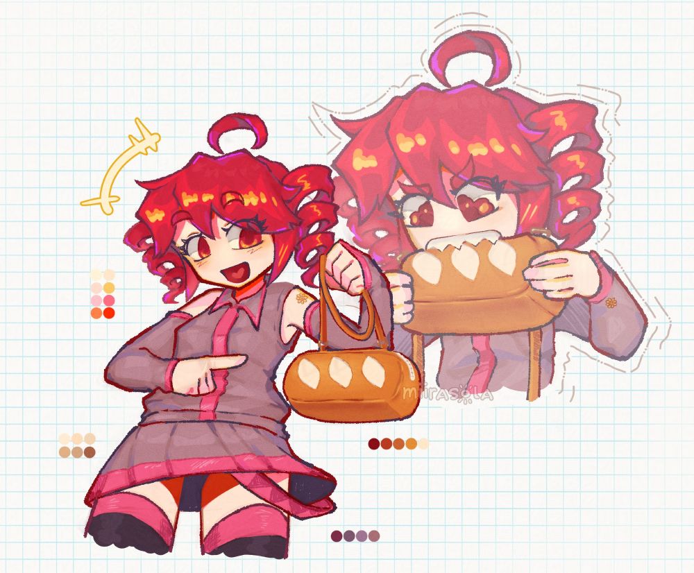 kasane teto holding a french bread or a "bag"uette (pun intended) bag, and beside it, kasane teto biting the bag