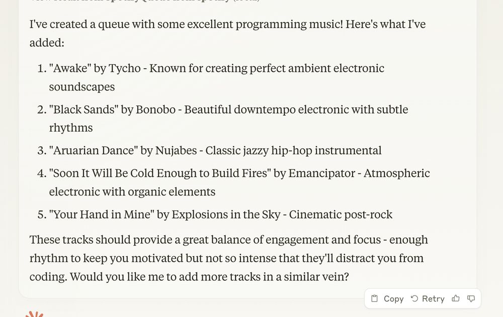 Claude Desktop found some mostly instrumental hip-hop kind of tracks. Tycho, Bonobo, Nujabes, Emanicpator, Explosions in the Sky