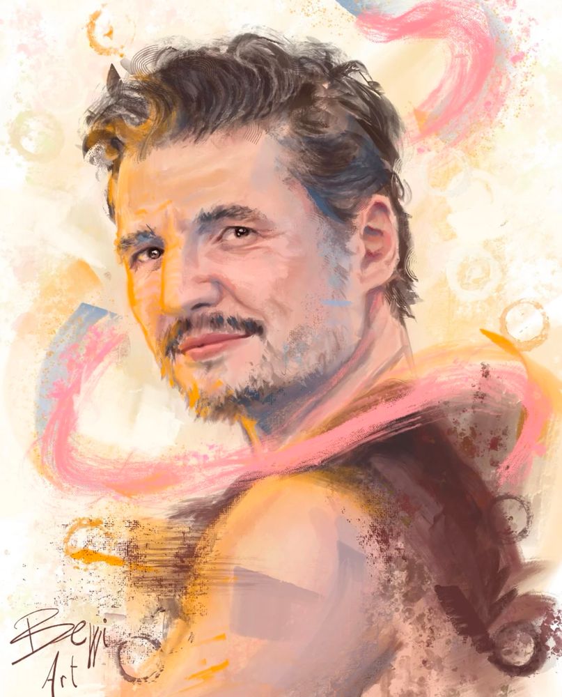 Portrait painting of Pedro Pascal looking over his left shoulder while wearing a black tank top. Credit: IG @bewiart where it was seen. 