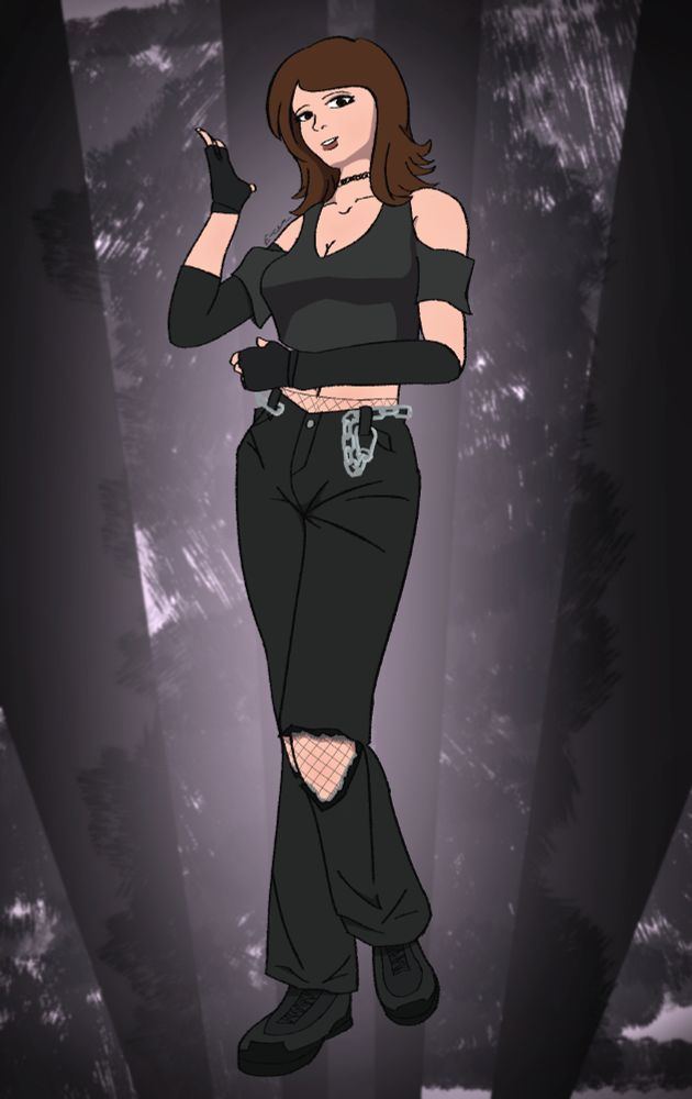 A self portrait with my old high school fingerless gloves, a shoulderless crop top, lace choker, and baggy pants with open knees and a chain belt (and fishnets underneath).