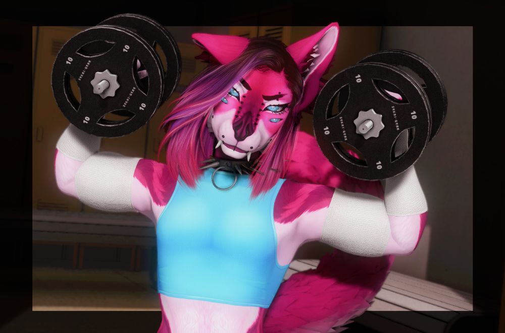 a raspberry colored bat nosed dog is lifting weights while wearing a light blue binder, their face is covered in piercings and their hair matches their fur.
