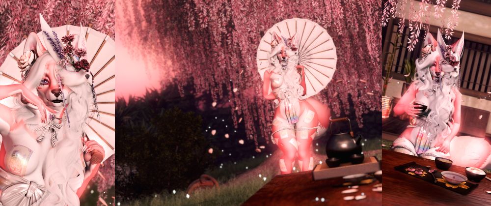 a series of three photos showing a pink kitsune girl, 2 of them show her holding a white parasol and the other shows her kneeling and drinking tea