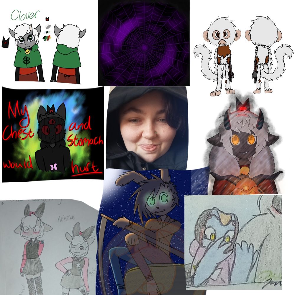 Starting from top left to bottom right:
Clover's ref, a spider web WIP, Commission for a friend, Narinder, me, A DTIYS, Clover again (bunny suit), Rabitty as a scarecrow, and Brent (froggy)