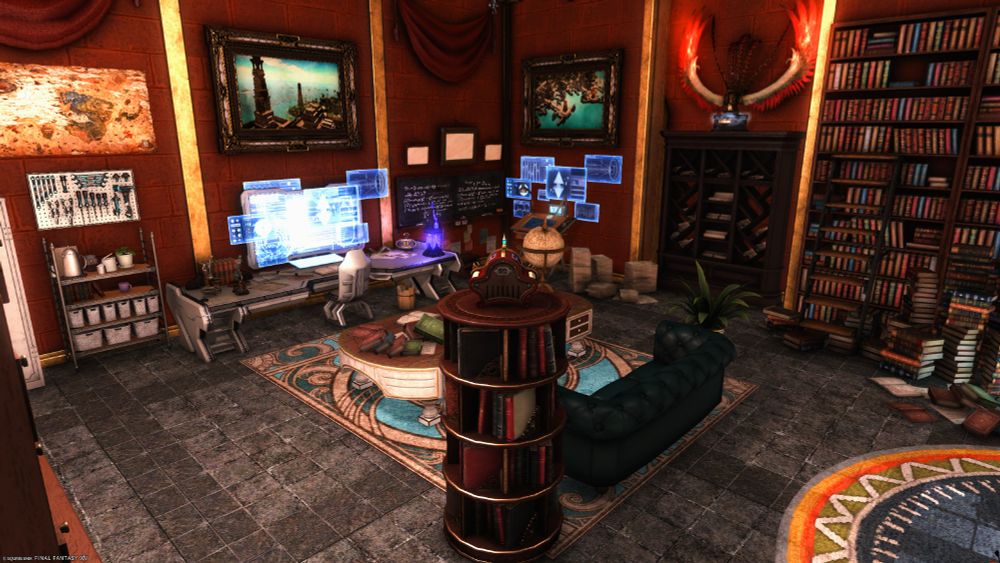 A view of Koana's office from the entrance. You can see his desk agaisnt the north wall, with many holographic screens open, chalkboard, design table, numeorus bookshelves, books and documents all over the place, a large sharlayan table in the middle on top of the sharlayan rug, and a very cozy-looking couch that's kinda fancy. On the walls there's pictures of Tuliyollal on some very ornate frames. Valigarmanda's tropy is also sittin atop a scroll booksheld. To the left side you can also see his tools and a nice little coffee station.