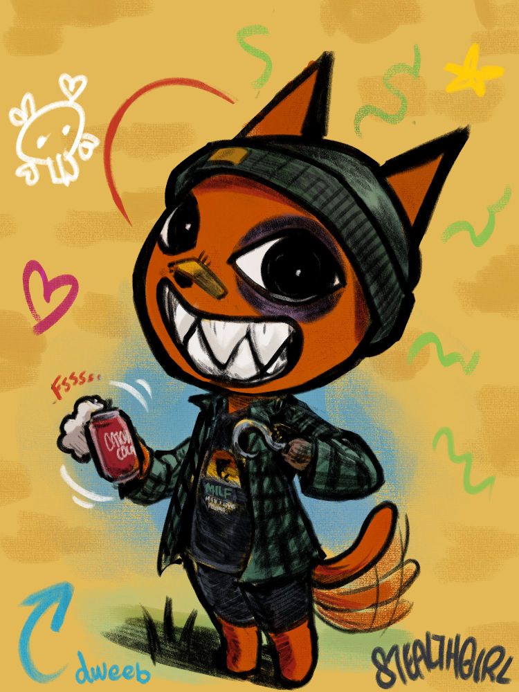 This is a digital drawing of a cartoon red cat. It's stylized in a cartoon anthropomorphic manner, with an exaggerated large head, and proportionally smaller limbs to make it look cuter. It's tail is wagging. It is wearing a muted forest green beanie and flannel jacket. Under it's jacket is a black shirt with a half sunset design and a silhouette of a fish leaping up. Green text underneath the shirt has the acronym MILF, which stands for "Man I Love Fishing". The cat wears nondescript black shorts. It has a hook on it's left hand, beckoning towards the viewer. In it's right hand is a fizzing can of soda. It's face bares a bandage over it's nose and their left eye sports a purplish bruise. It's eyes are deep black and seem to stare deeply at the viewer. It sports a bared grin, it's teeth big and pointed like a shark. It's unsettling. The background has elements of graffiti and spray point. Top left is a white skull motif crudely doodled. Green stink lines emanate around the figure. A yellow star can be faintly seen on the top right. A heart outline is to the left of the head, is scribbled in red lines. A blue arrow on the bottom left  of the cat points back towards the figure, labeling the creature a "dweeb". The impression of a blue sky and green grass is shown faintly around the figure, but it dissipates into a yellow backdrop. The signature of the art is on the bottom right, with a graffiti style font showcasing the artist's pseudonym, "StealthGirl" in all caps. 