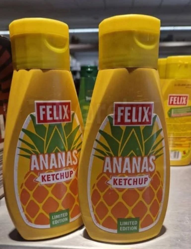 Gelbe Kunststoff Flaschen mit Ananas Ketchup.
