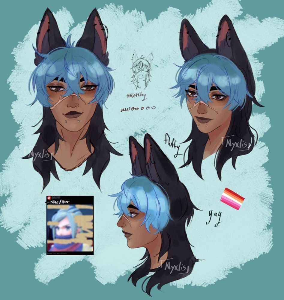 Three portraits of a girl with wolf ears. She has a mostly black wolf cut and her bangs are a bright blue. 