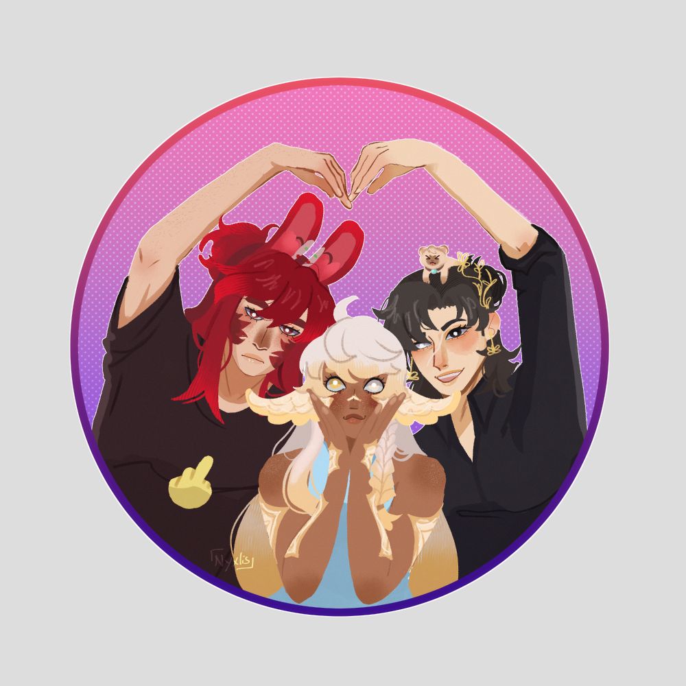 An image of three ffxiv ocs making a heart together with their hands. 