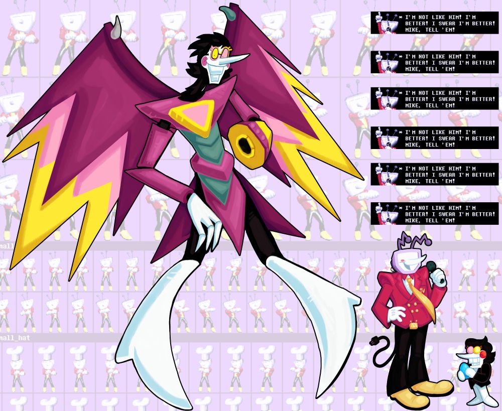A drawing featuring Spamton NEO, Tenna, and then Normal Spamton. The background is just an entire tileset of Tenna dancing, and in the corner there's a photo of Tenna saying "I'M NOT LIKE HIM! I'M BETTER! I SWEAR I'M BETTER! MIKE, TELL 'EM!" repeated a few times...