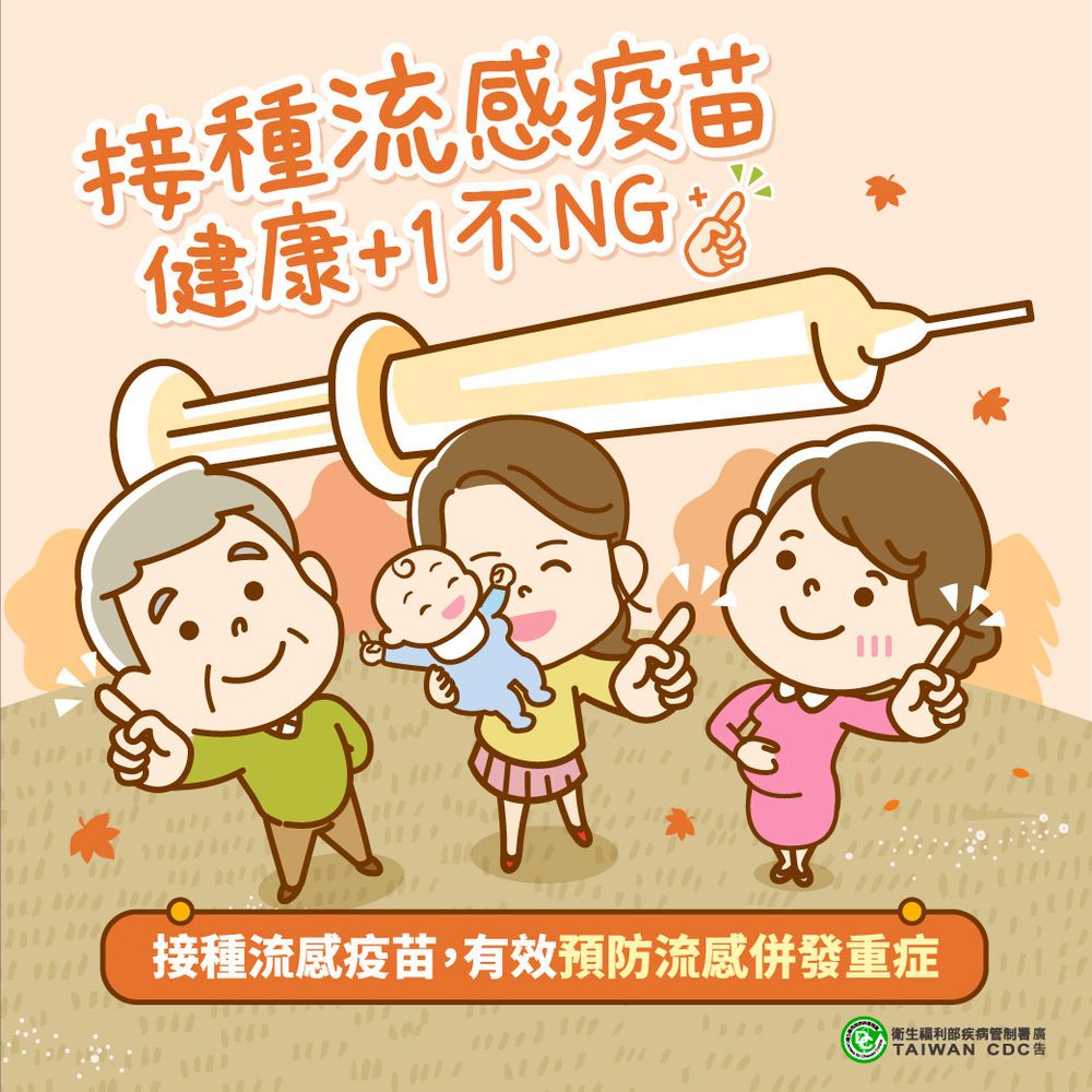 Werbung für die Grippe-Impfung des CDC Taiwan. Abgebildet vier Personen und eine riesige Spritze, dazu Text