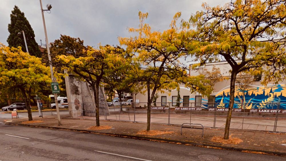 A cleaned up shot from Google Street View of the Lake City Mini Park - now fenced off.