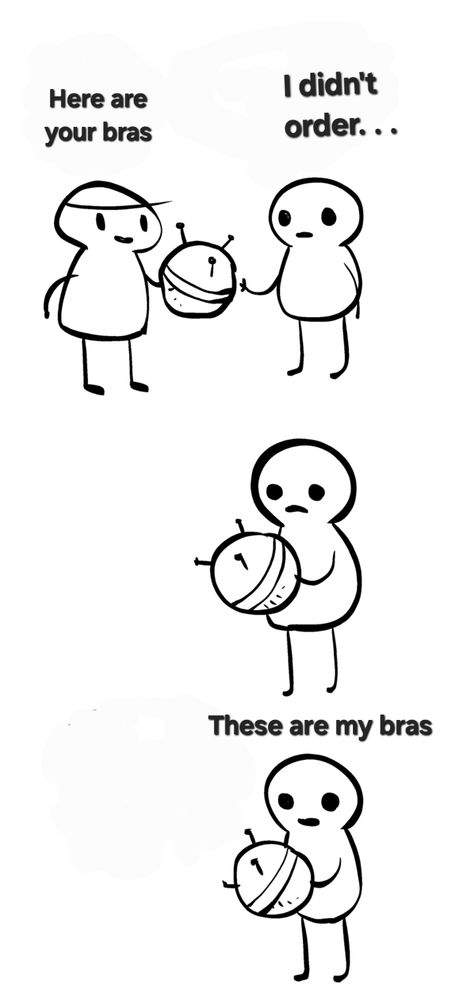 A three-section comic with new text from the original. Person on the left is handing a thing to the one on the right. Dialogue reads: 