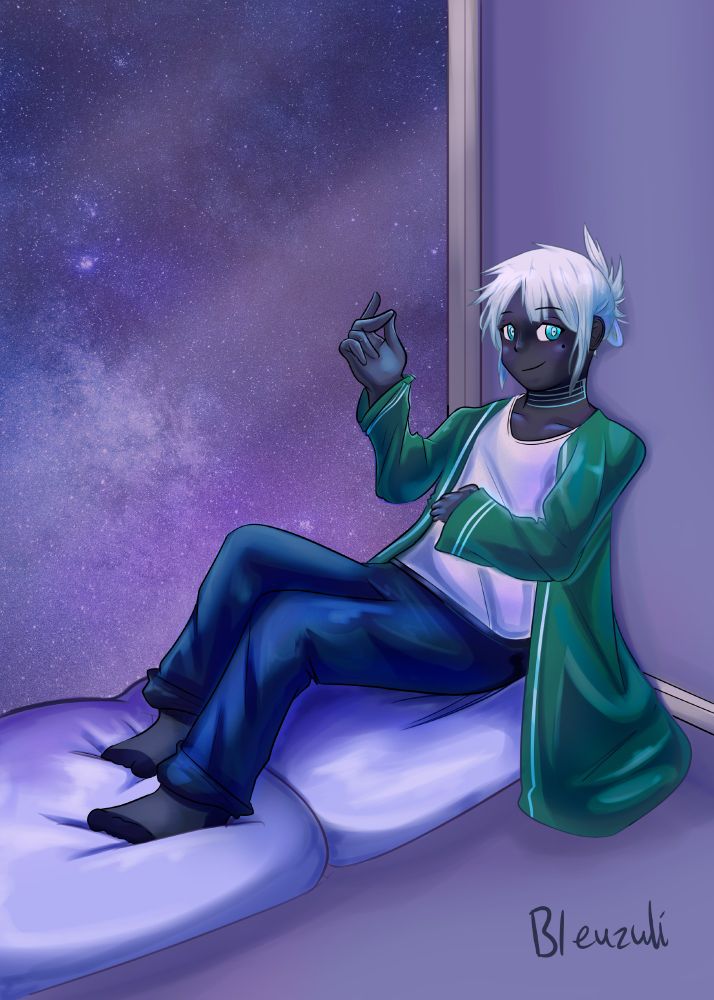 A drawing of a bard in loose, comfortable clothing sitting on some pillows by a window revealing a night sky beyond the glass.