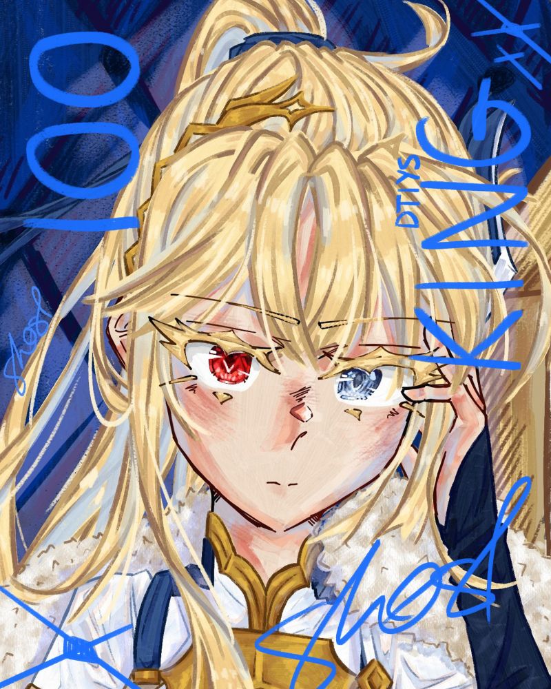 Close up of oc Valdís Njáll (Blonde hair, fringe, ponytail, red left eye and light blue right eye) with text: "100 KING dtiys"