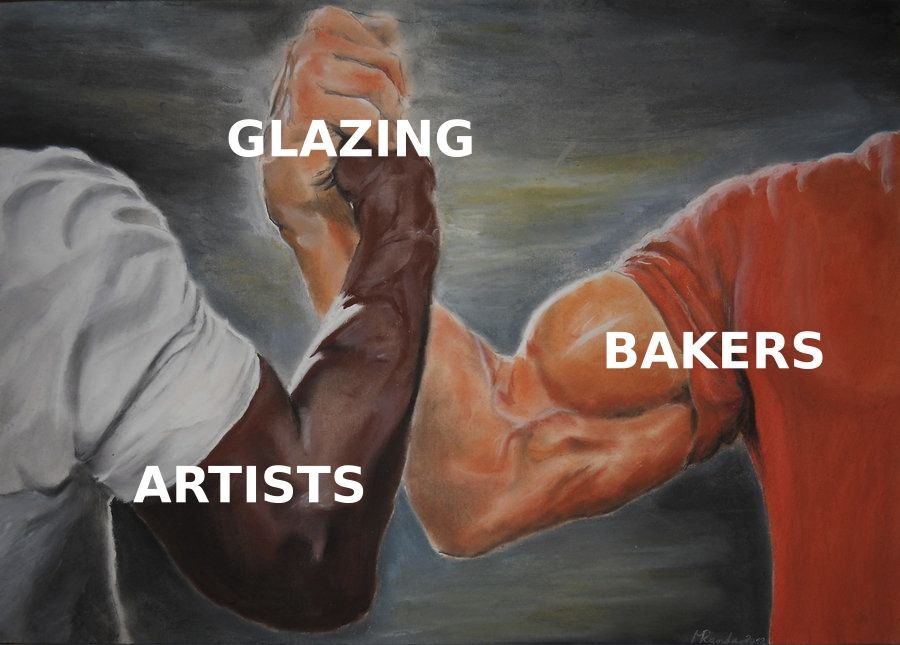 an artist and a baker shake hands in their mutual appreciation of glazing