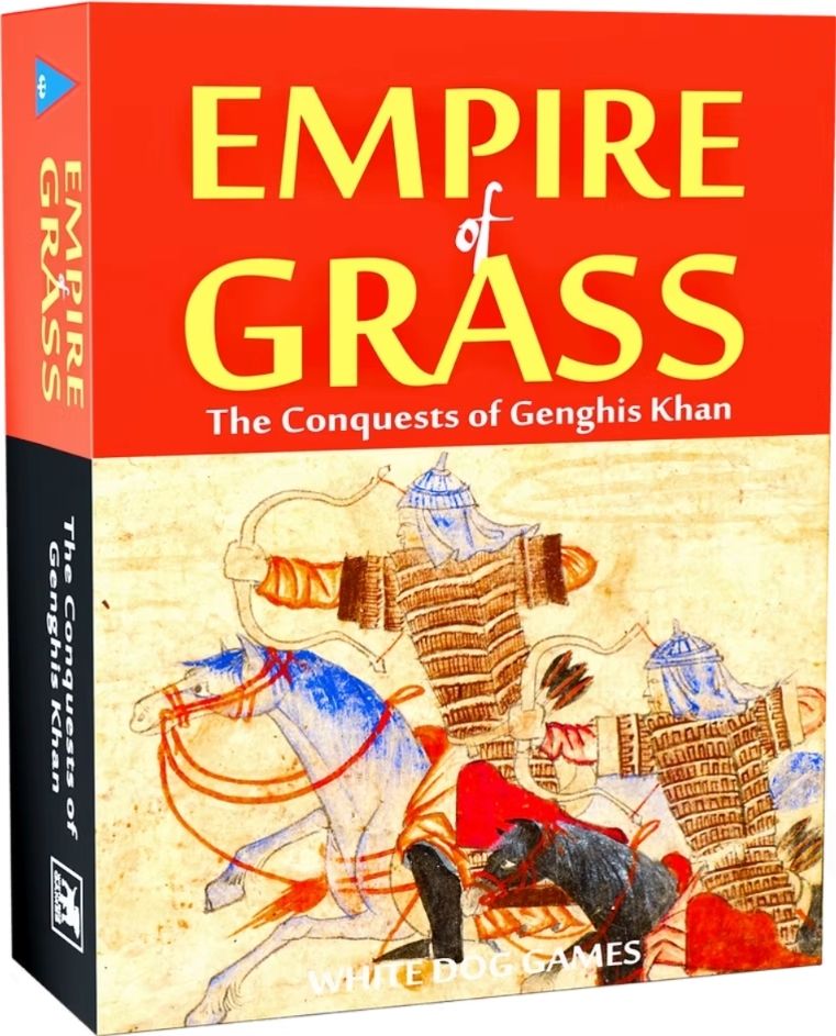 Box cover for my game, "Empire of Grass", showing a 14th century image of Mongol horse archers. The game available initially from White Dog in USA, but later also from Second Chance, Hexasim, Agorajeux, and others. 
You choose what way you want to expand your empire by laying cards that represent regions the Mongols could conquer. As well as the historical regions used in the standard game,  there is an optional game where you can shuffle the deck and play as exploring an imaginary world.