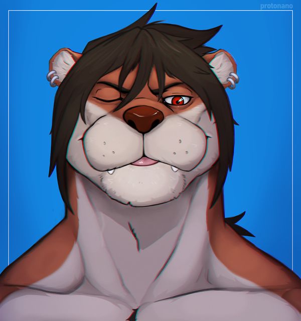 An otter man with thick brown hair and red eyes winking down at the viewer. They are looming over the viewer, winking and blepping their tongue out a little bit.