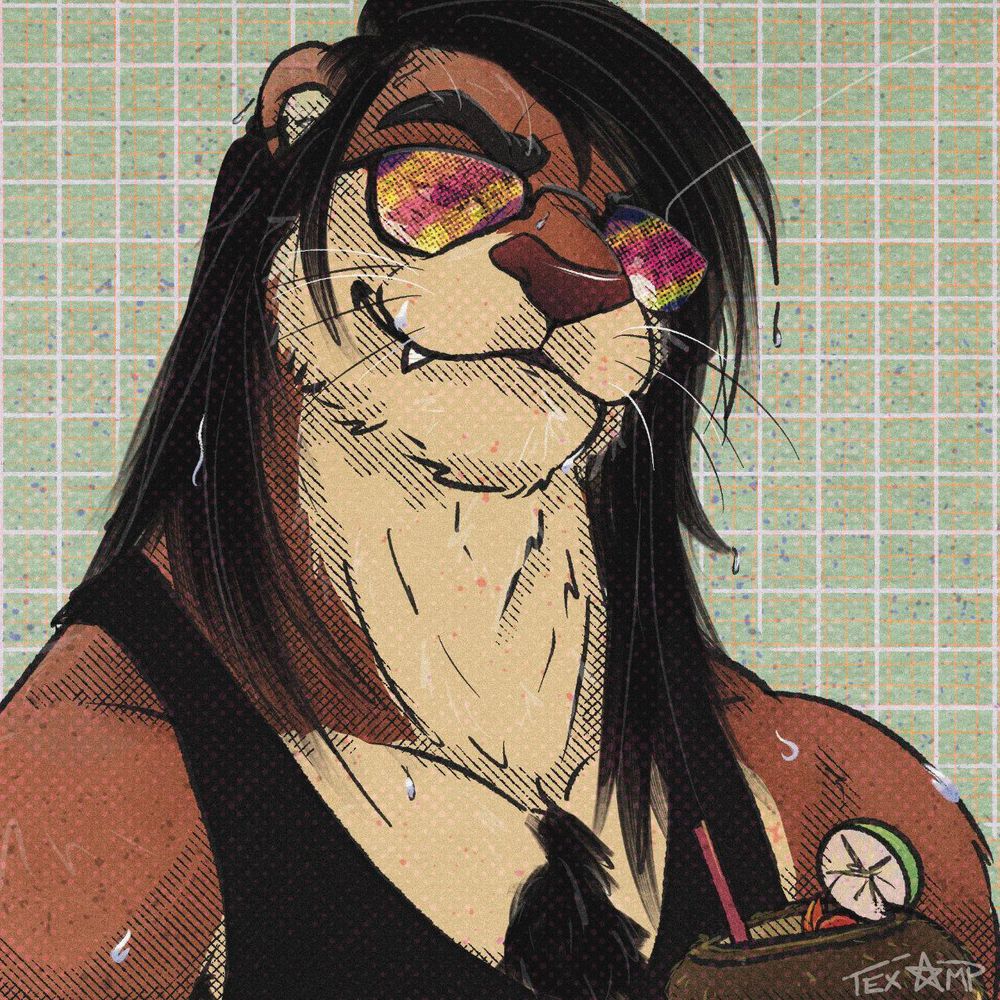 A cool looking otter with long, wet hair in a tank top holding a coconut drink