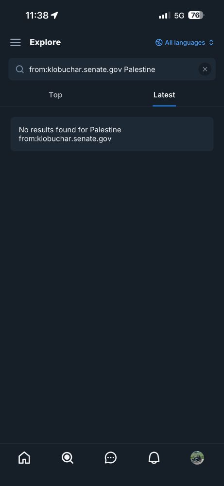 No results for searching for “Palestine” from her account 