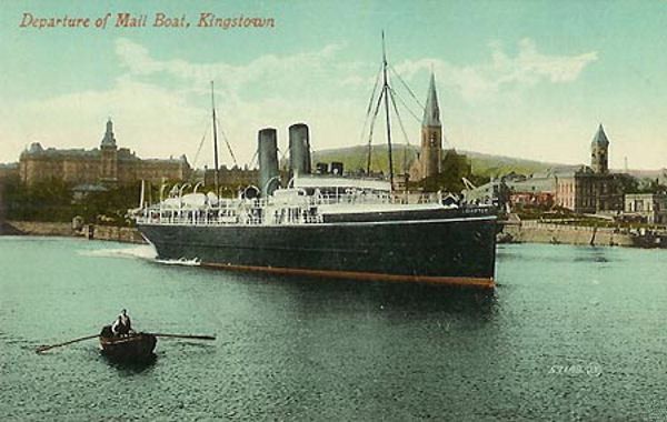 Postcard showing RMS Leinster leaving Kingstown in Ireland.