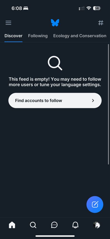 A bluesky discover tab with no posts, saying “This feed is empty! You may need to follow more users or tune your language settings. Find accounts to follow.”