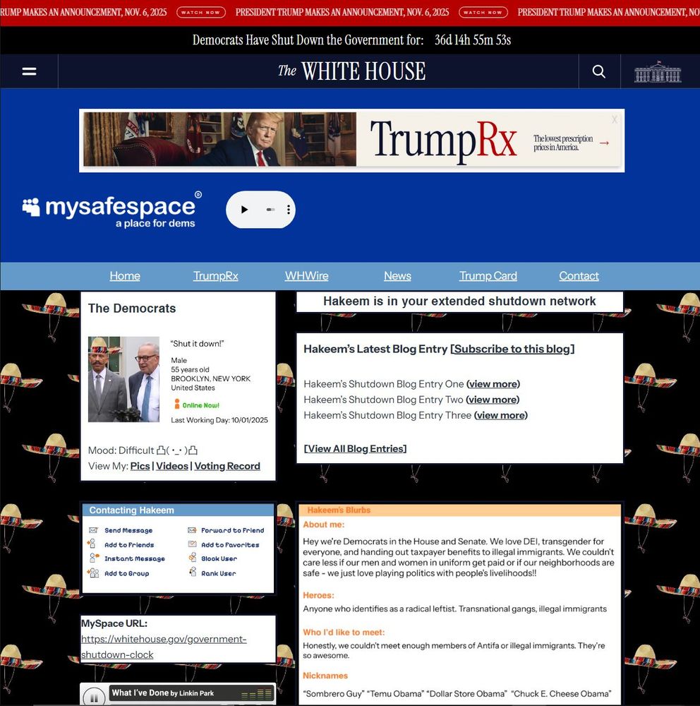 The official website of the White House (yes, that White House) has apparently created a Myspace-style page(?) called Mysafespace to make fun of Democrats and it's yeah it's about what you'd expect I'm not typing all of that shit dude I'm so tired of this goddamn place