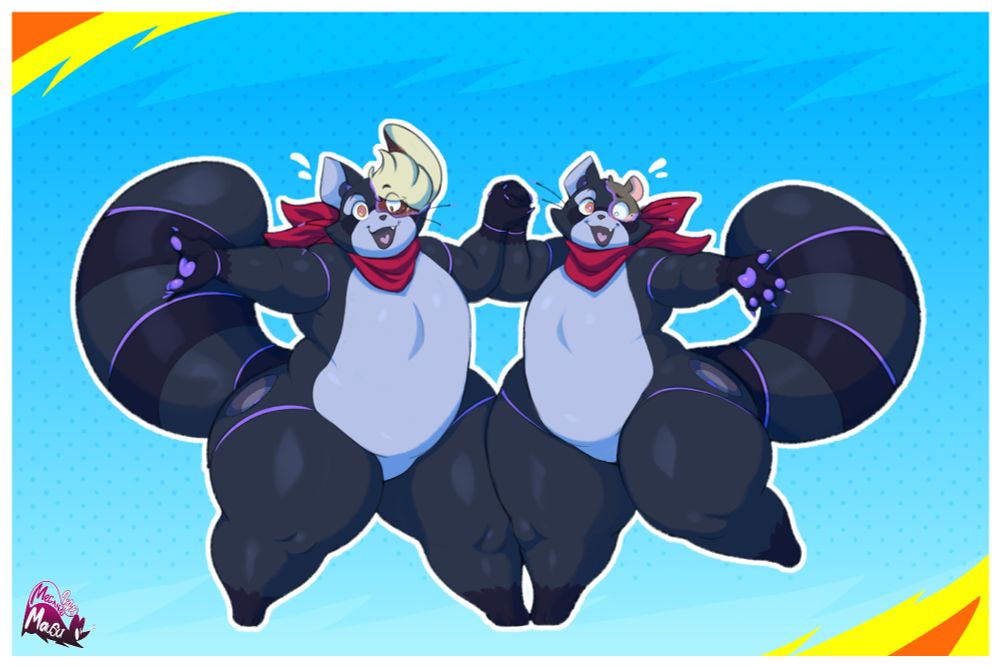 An image of a pair of chubby anthro critters being transformed into a robotic fusion of Rambley from Indigo park and 808 from Hi-fi Rush. They are posed in a mirrored fashion, arms outstretched in a welcoming manner and hands held firmly together. The Chinchilla and rat both have flustered expressions as they're mostly converted into mirror copies of the video game mascots.