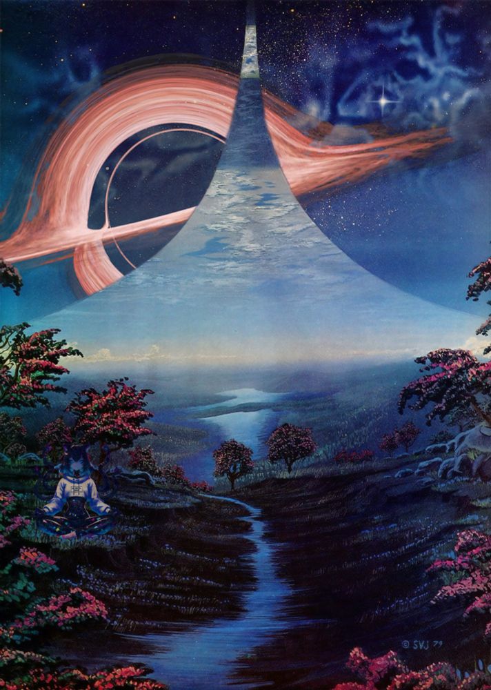 A lush river path and garden on a ring world, a gray skinned transhumanist catgirl meditates, the curving ring world arcs past a super massive black hole.