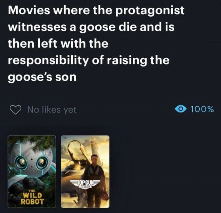 Movies where the protagonist witnesses a goose die and is then left with the responsibility of raising the goose's son
• No likes yet
100%
THE WILD ROBOT
HOPCUE
MAVERICA®