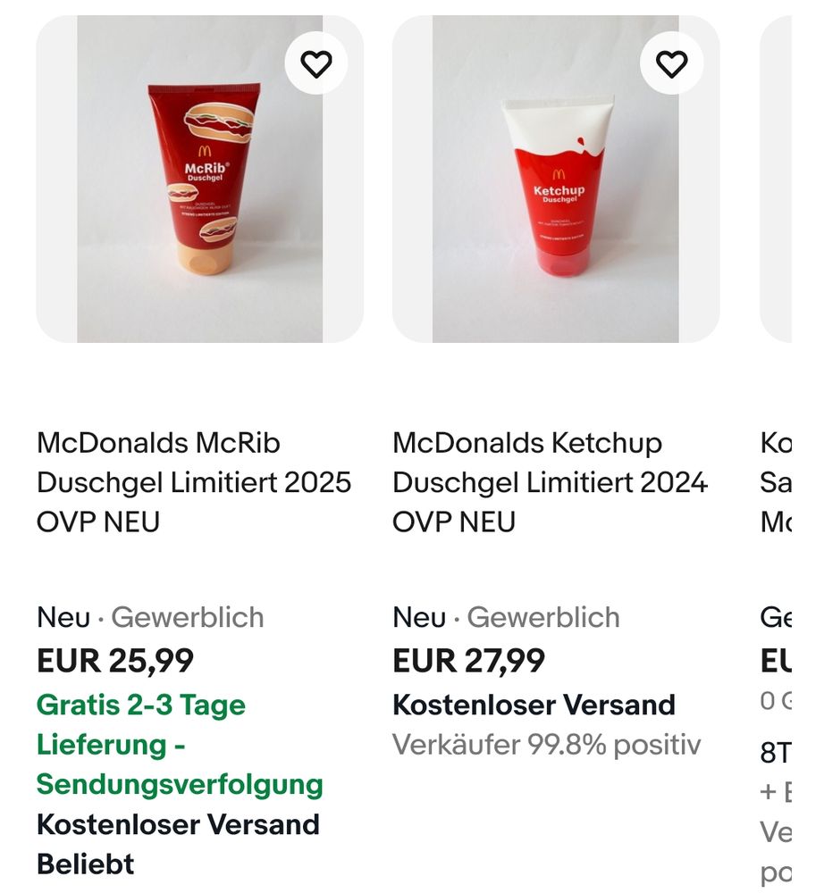 Ebay Angebote für Duschgel McDonalds McRib für 26 Euro und McDonald's Ketchup für 28 Euro