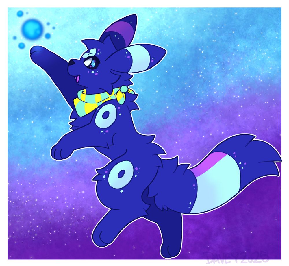 a blue and purple starry umbreon, reaching up at some orbs of blue light, in a background of space with blue and purple