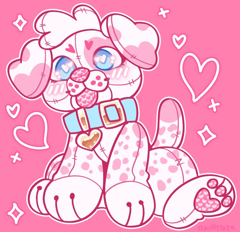 a plush white and pink dalmation, with heart motifs. he is sitting there with his tongue out blushing.