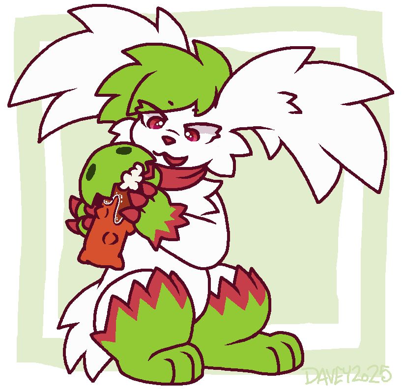 a sky forme shaymin feeding a venus fly trap attached to it a spelon berry