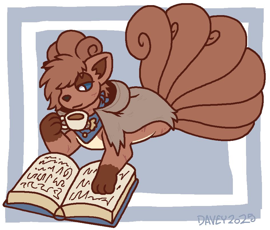 a vulpix in a tattered cloak, holding a cup of tea and reading a book