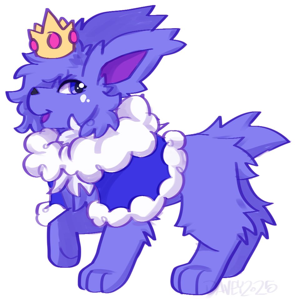 a blue jolteon, with a puffy rimmed cloak and a crown