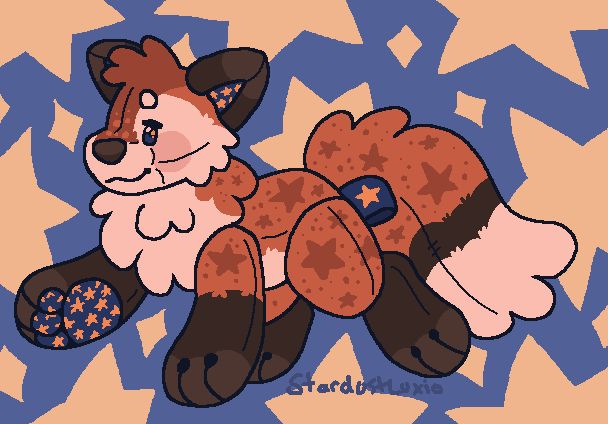 my fox plush oc walking to the left of the screen with big plushie paws and a star background