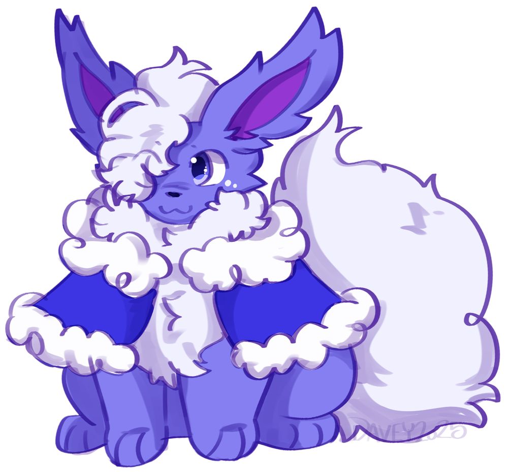 a blue and fluffy looking flareon sitting there, with a blue cape