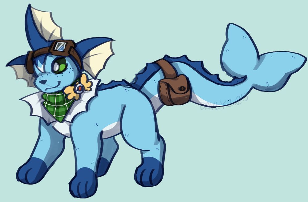 a vaporeon wearing googles, a bandanna, a pmd explorer's badge, and an adventuring bag wrapped around its tail