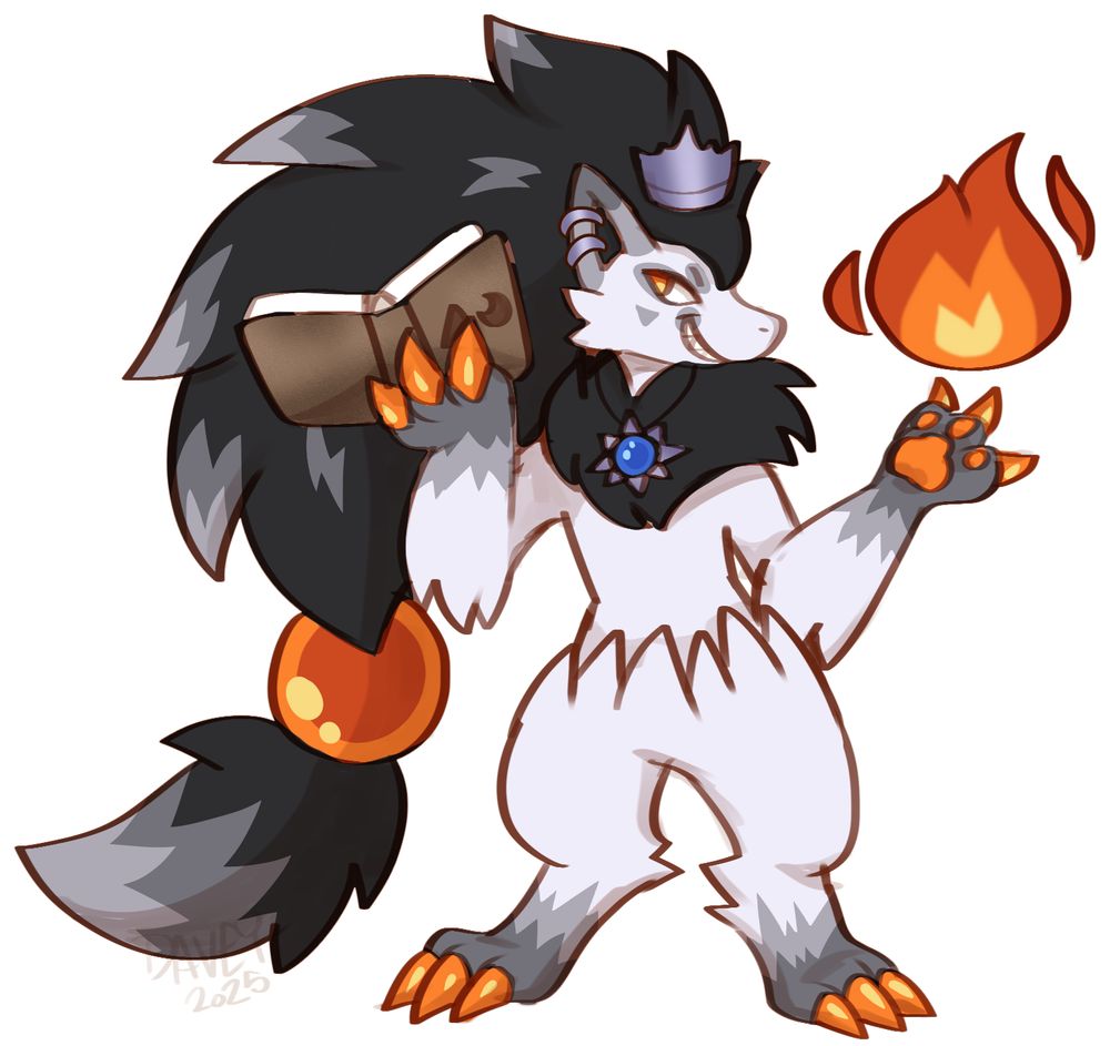 a zoroark, holding a book on fire alchemy and using fire, holding it in its paw