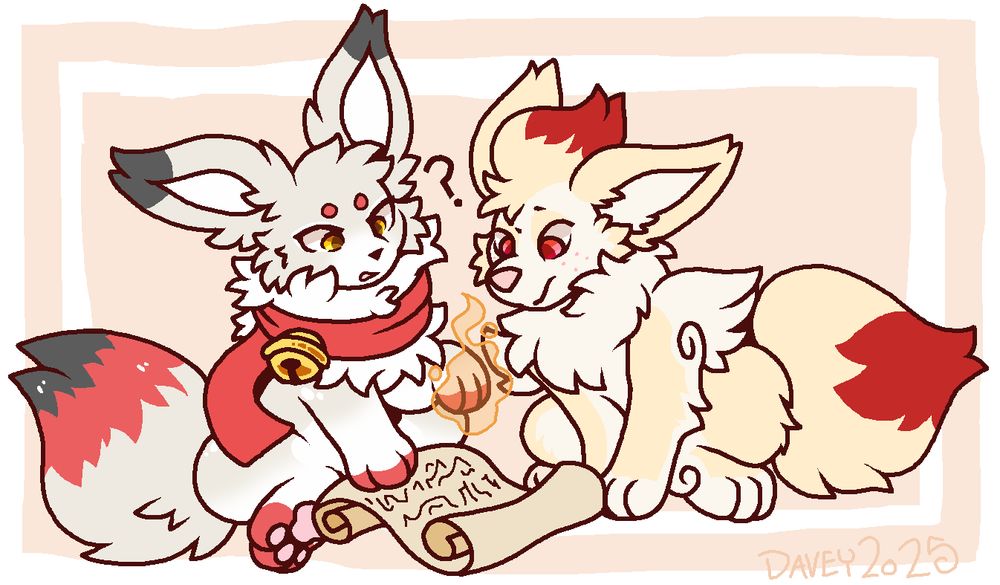 an eevee and a fennekin sitting together, reading a scroll