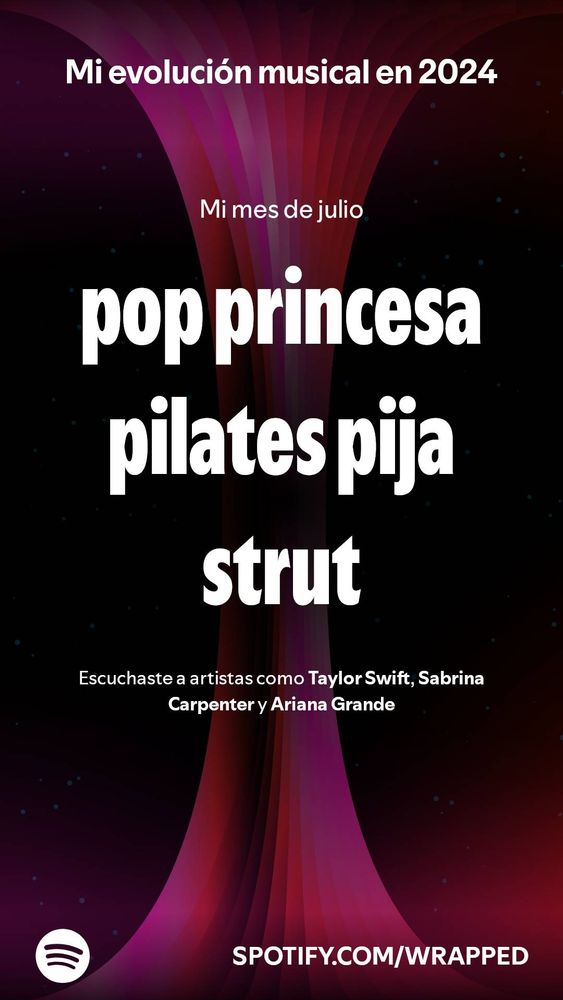 Una captura del Spotify wrapped con mi evolución musical diciendo que en julio fue el mes de "pop princesa pilates pija strut"