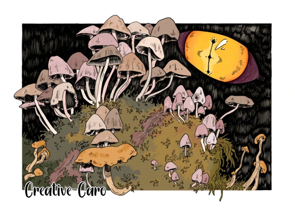 Digital illustration of a creature looking at mushrooms #digitalart #illustration 
