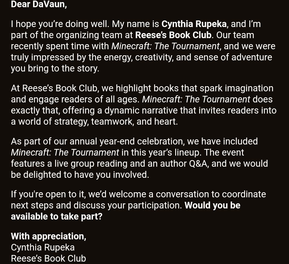 Email scam text from an alleged Reese's Book Club organizer.