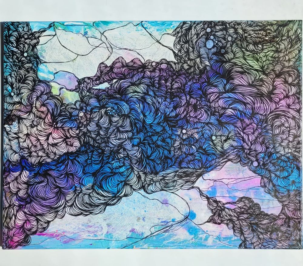 Photo of an abstract intuitive mixed media artwork on canvas in mainly colors of blue, pink, purple, green, and white. Very detailed black linework throughout to portray the many paths one must take to discover their true self. Piece is by Lumi Forbes and is titled "Without A Map"