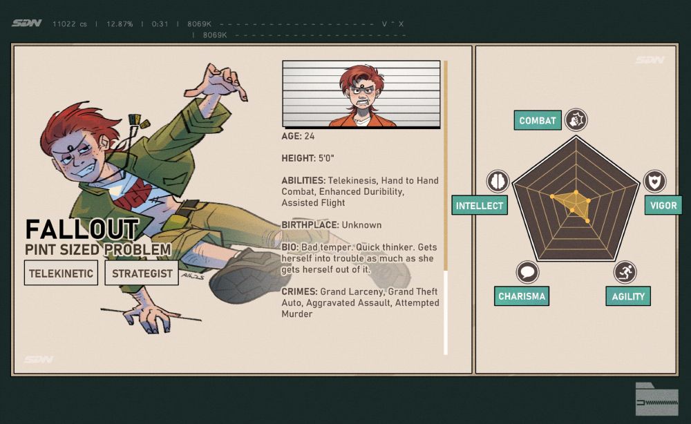 An SDN hero profile from the game Dispatch. It features my own character, Mini, and contains a brief bio as well as a stat block that shows what skills she's adept at.