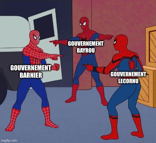 Meme des trois Spiderman qui se pointent du doigt avec écrit « Gouvernement Barnier », « Gouvernement Bayrou », « Gouvernement Lecornu »